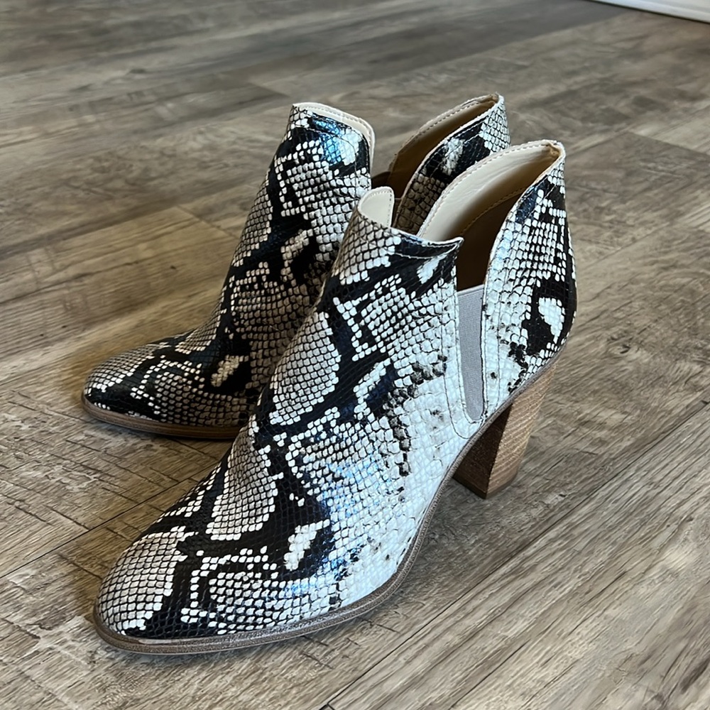 Vince Camuto Famhida Snakeskin Heeled Booties.